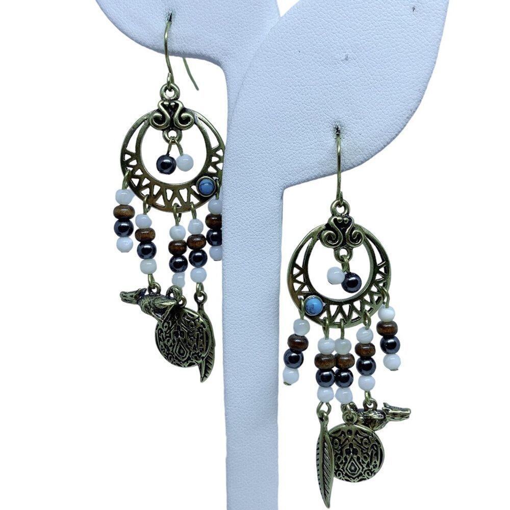 Bohemian Drop Dangle Hematite Wooden Beads Turquoise Goldtone Boho Earrings